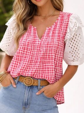 ANTHROPOLOGIE Viam Red Gingham Eyelet Puff Sleeve Top Sz S Cotton Cottagecore